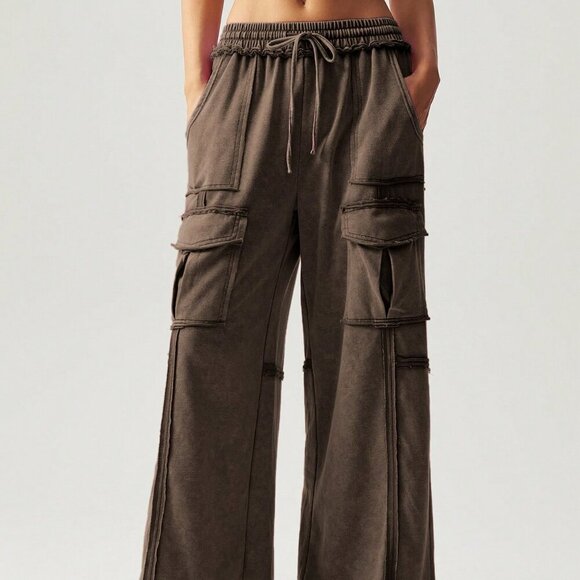 Coffee Brown Casual Women's Vacation Knit 3d Pocket Wide Leg Pants - Picture 4 of 8